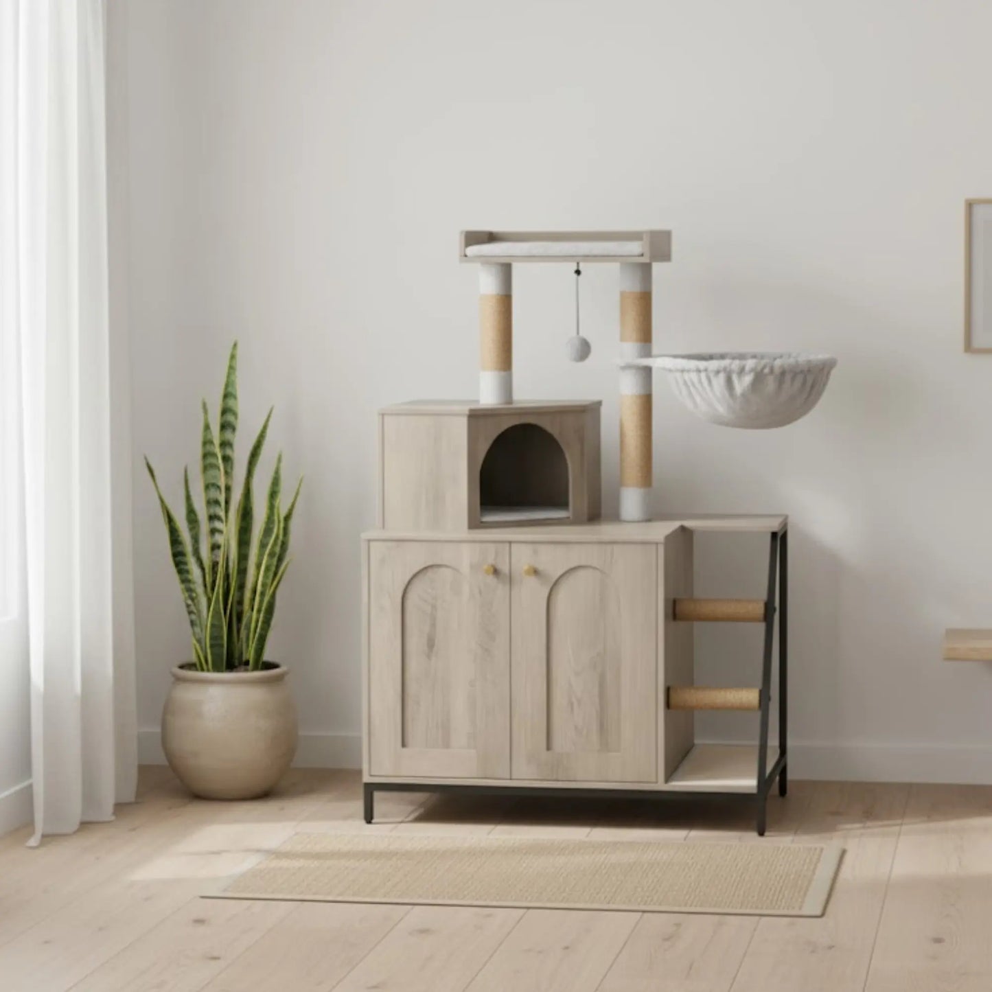 Arbre à chat multifonction 3-en-1 – Armoire, griffoir et aire de jeu avec hamac intégré