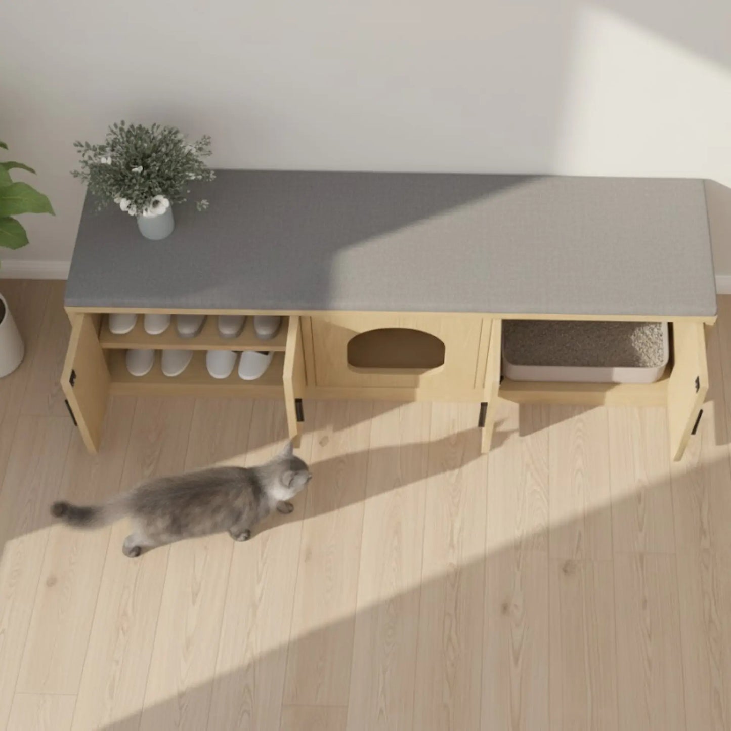 Meuble cache-litière bois clair – Banc 2-en-1 avec rangement intégré