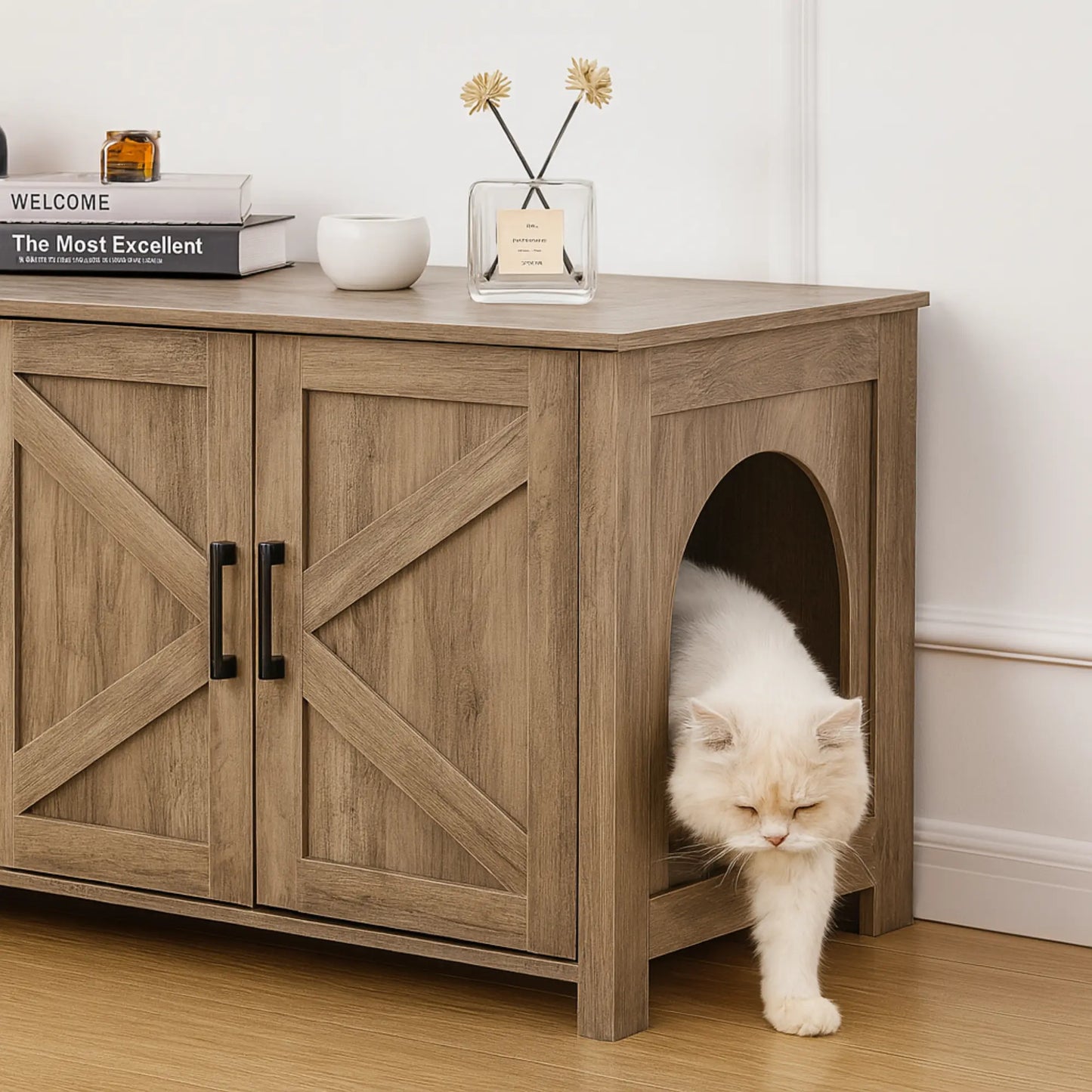 Meuble Cache Litière Chat Style Grange – Banc TV Rustique 119 cm