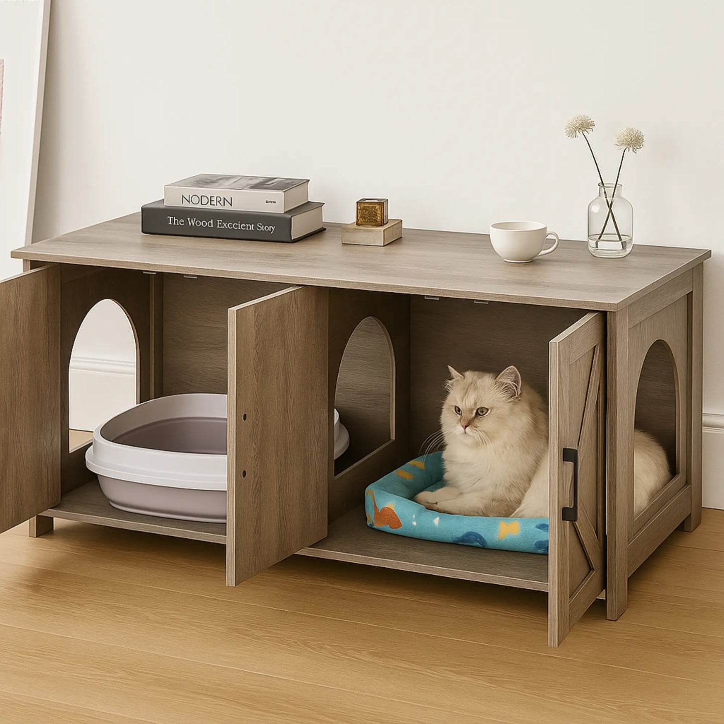 Meuble Cache Litière Chat Style Grange – Banc TV Rustique 119 cm