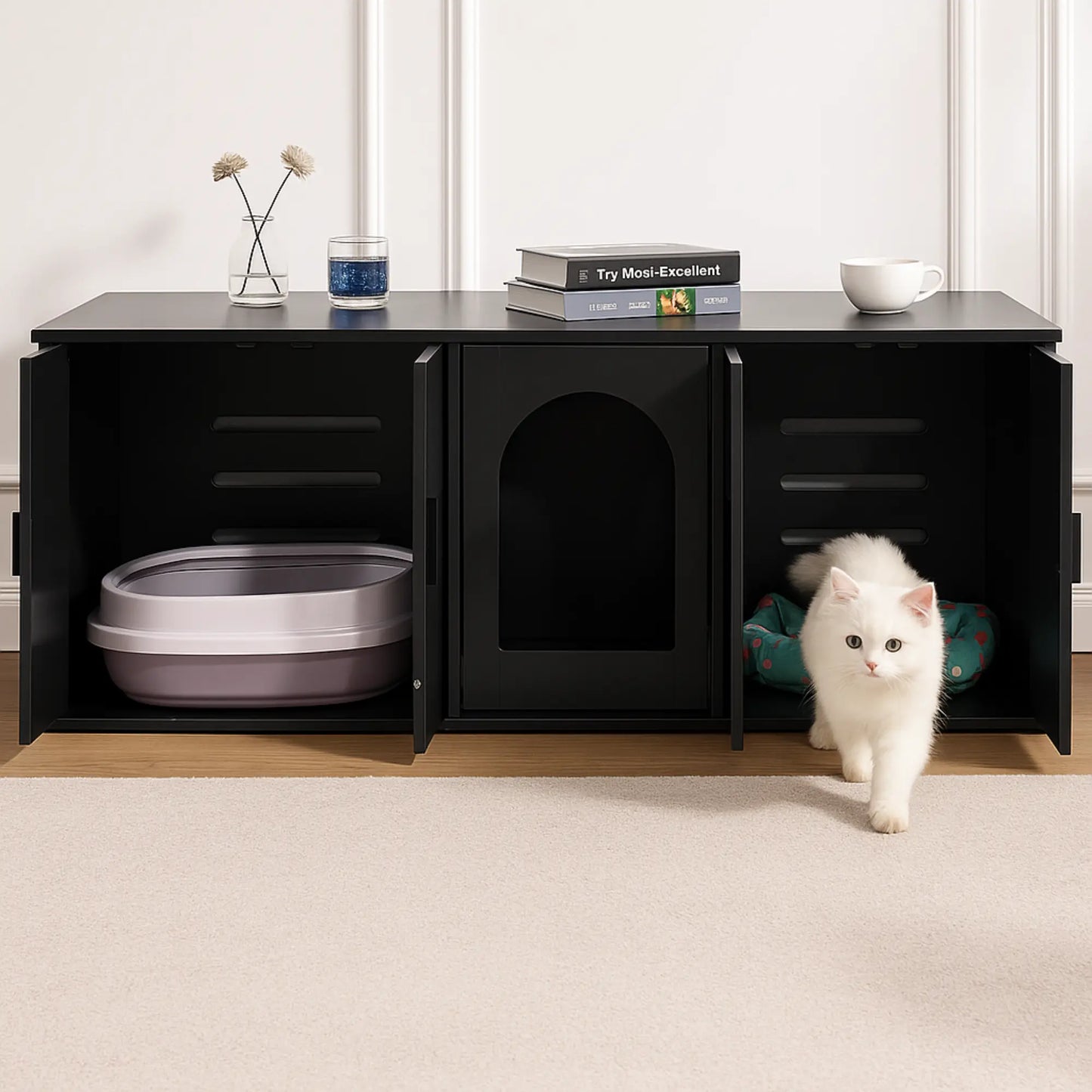 Meuble Cache-Litière XXL pour Chat – Design Banc TV Moderne – Entrée Discrète & Rangements Fermés