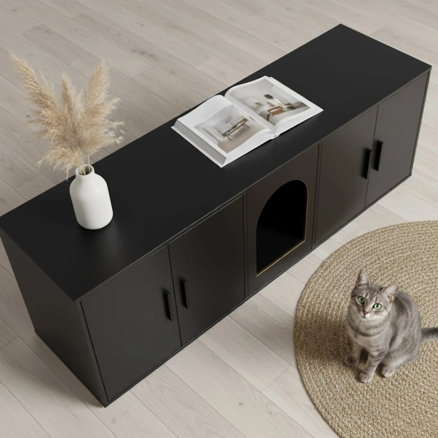 Meuble Cache-Litière XXL pour Chat – Design Banc TV Moderne – Entrée Discrète & Rangements Fermés