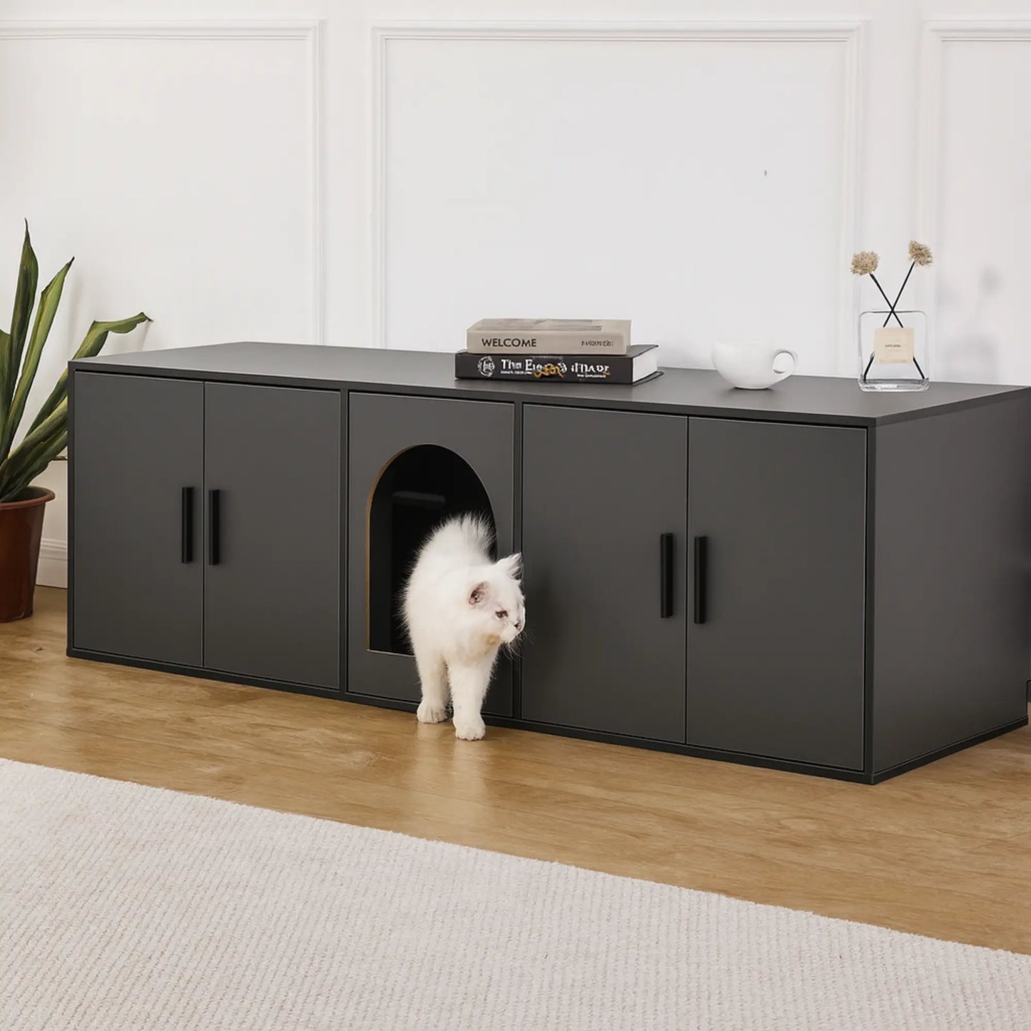 Meuble Cache-Litière XXL pour Chat – Design Banc TV Moderne – Entrée Discrète & Rangements Fermés
