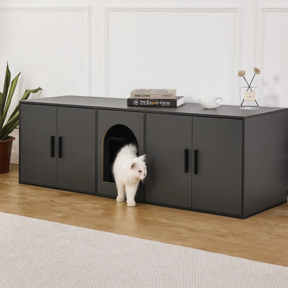 Meuble Cache-Litière XXL pour Chat – Design Banc TV Moderne – Entrée Discrète & Rangements Fermés