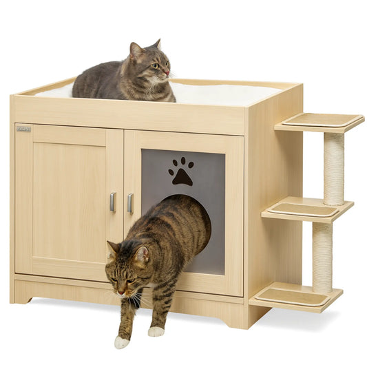 Meuble Cache Litière Chat avec Griffoir et Plateformes – Design Bois Moderne