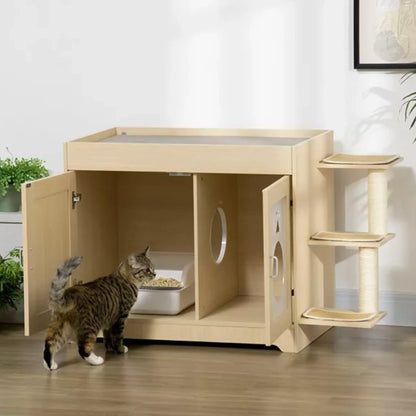 Meuble Cache Litière Chat avec Griffoir et Plateformes – Design Bois Moderne