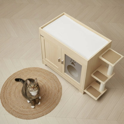 Meuble Cache Litière Chat avec Griffoir et Plateformes – Design Bois Moderne