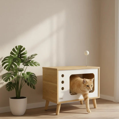 Niche TV pour Chat avec Coussin – Meuble Design Bois Scandinave