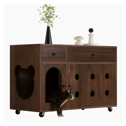 Meuble cache-litière avec roulettes – Armoire design en bois foncé avec rangements intégrés