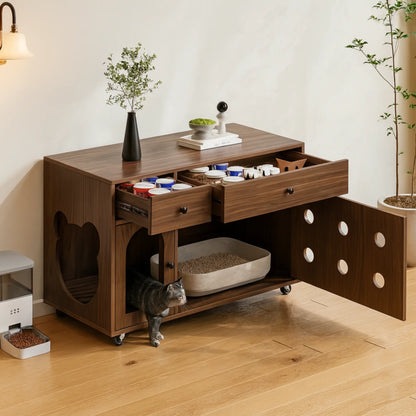 Meuble cache-litière avec roulettes – Armoire design en bois foncé avec rangements intégrés