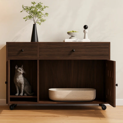 Meuble cache-litière avec roulettes – Armoire design en bois foncé avec rangements intégrés