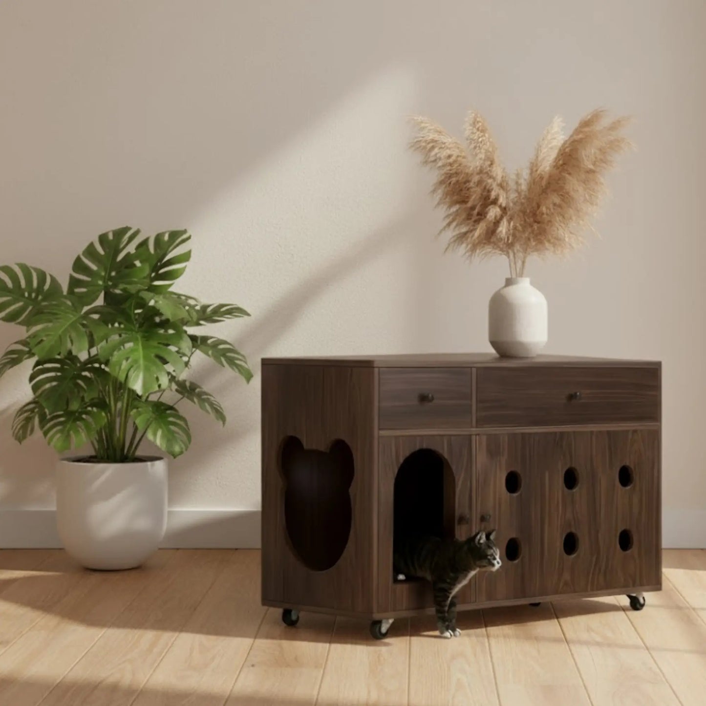 Meuble cache-litière avec roulettes – Armoire design en bois foncé avec rangements intégrés