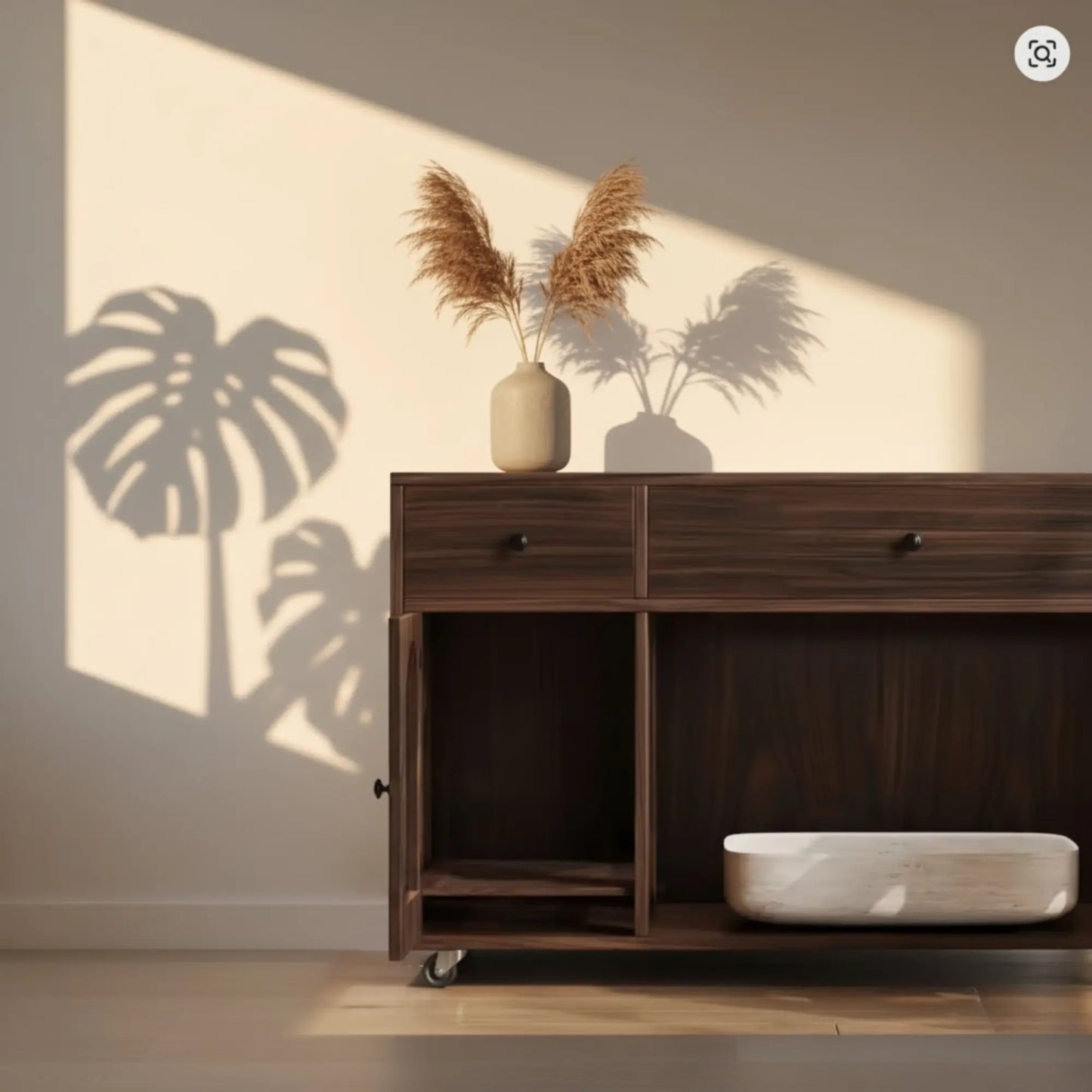 Meuble cache-litière avec roulettes – Armoire design en bois foncé avec rangements intégrés