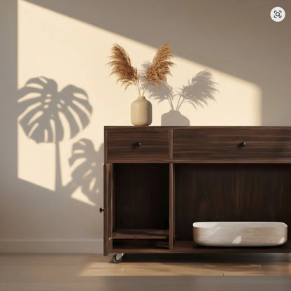 Meuble cache-litière avec roulettes – Armoire design en bois foncé avec rangements intégrés