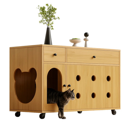 Meuble cache-litière avec roulettes – Armoire design en bois clair avec rangements intégrés