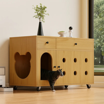 Meuble cache-litière avec roulettes – Armoire design en bois clair avec rangements intégrés