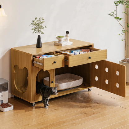 Meuble cache-litière avec roulettes – Armoire design en bois clair avec rangements intégrés