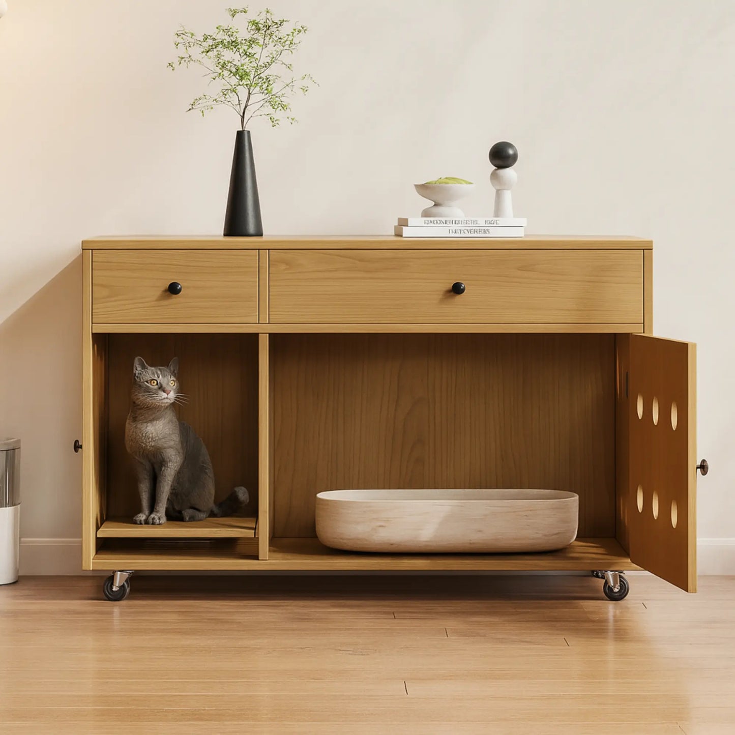 Meuble cache-litière avec roulettes – Armoire design en bois clair avec rangements intégrés