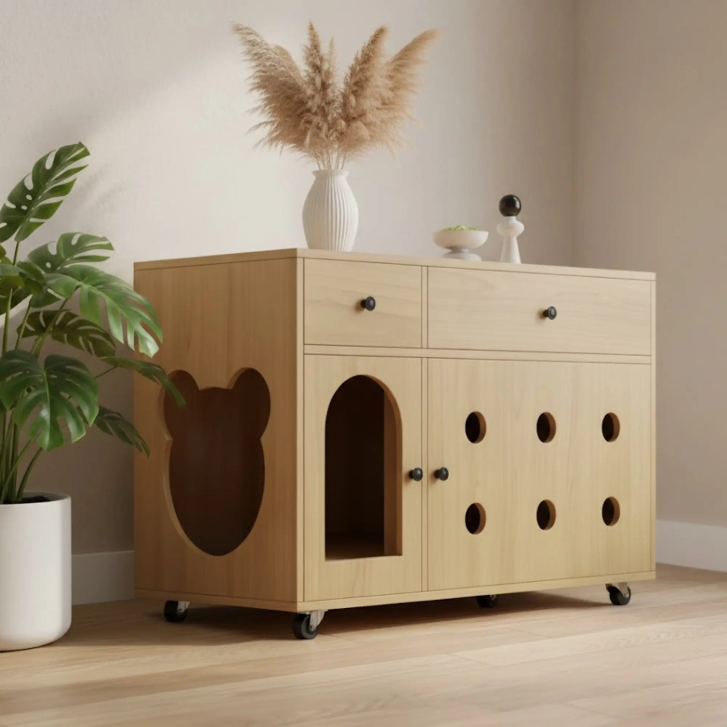 Meuble cache-litière avec roulettes – Armoire design en bois clair avec rangements intégrés