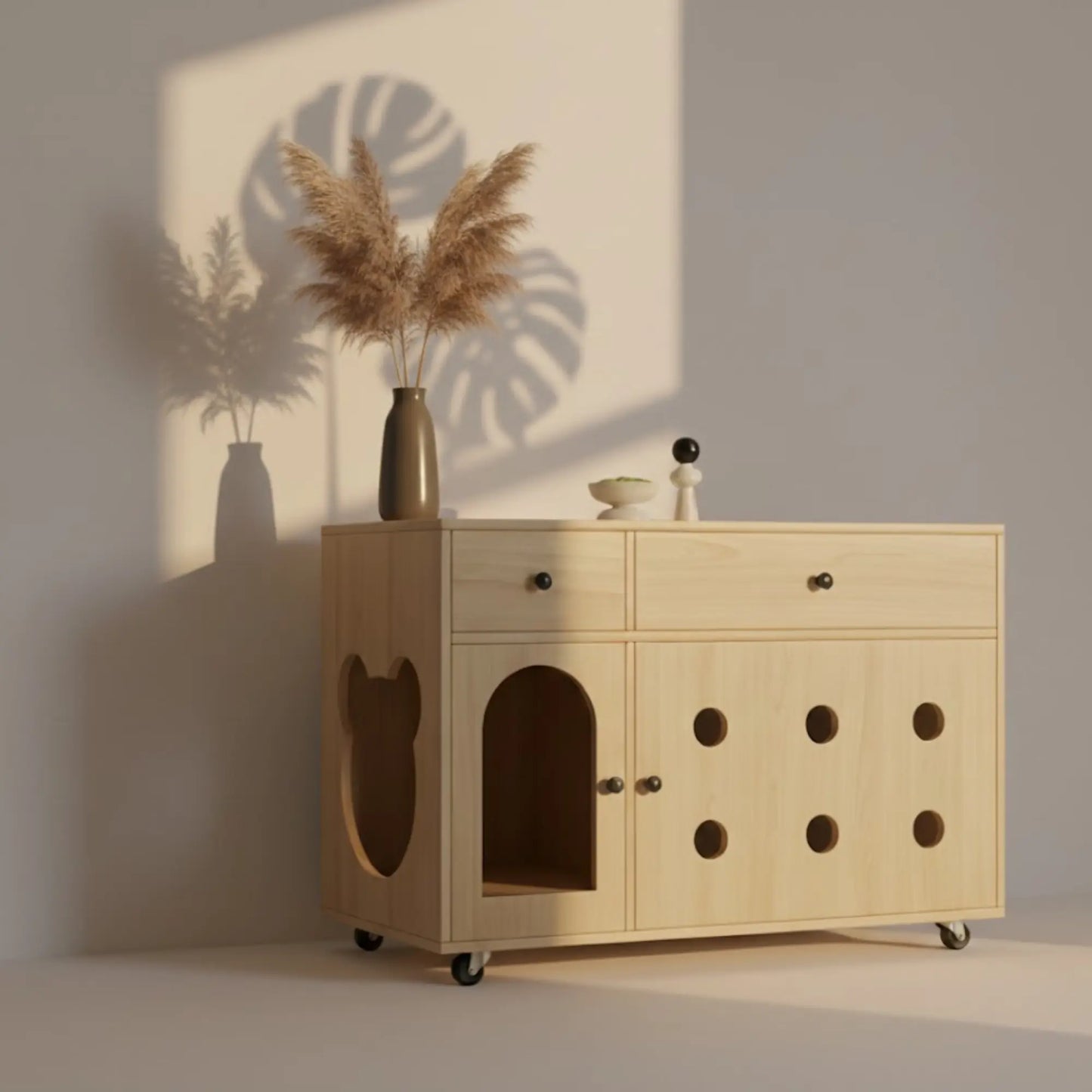 Meuble cache-litière avec roulettes – Armoire design en bois clair avec rangements intégrés