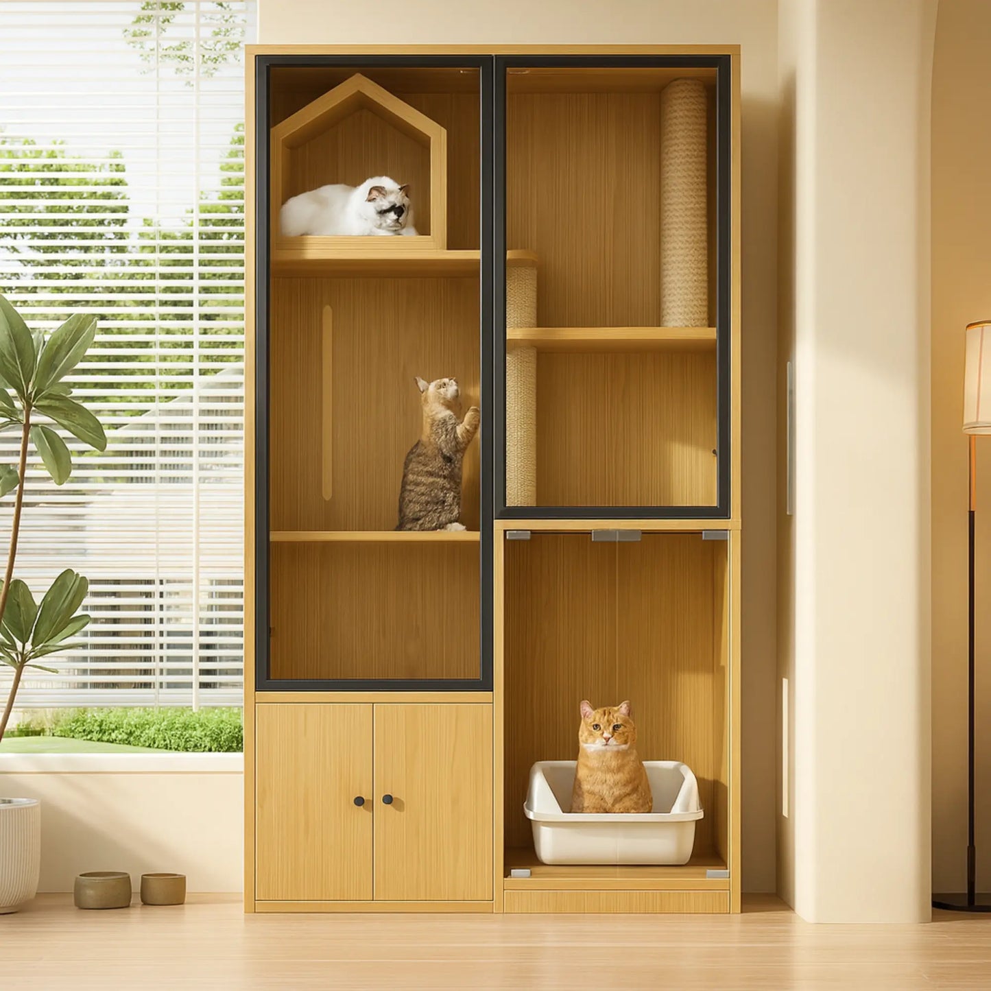 Armoire pour chat multifonction – Aire de jeu, griffoir et maison de toilette intégrée