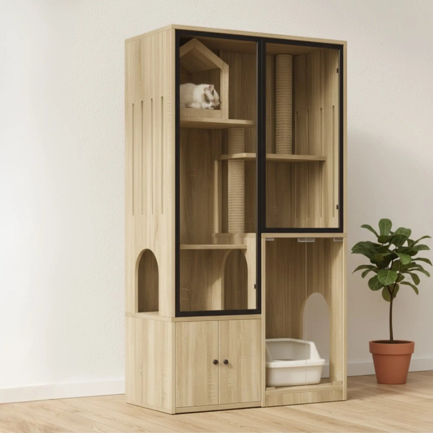 Armoire pour chat multifonction – Aire de jeu, griffoir et maison de toilette intégrée