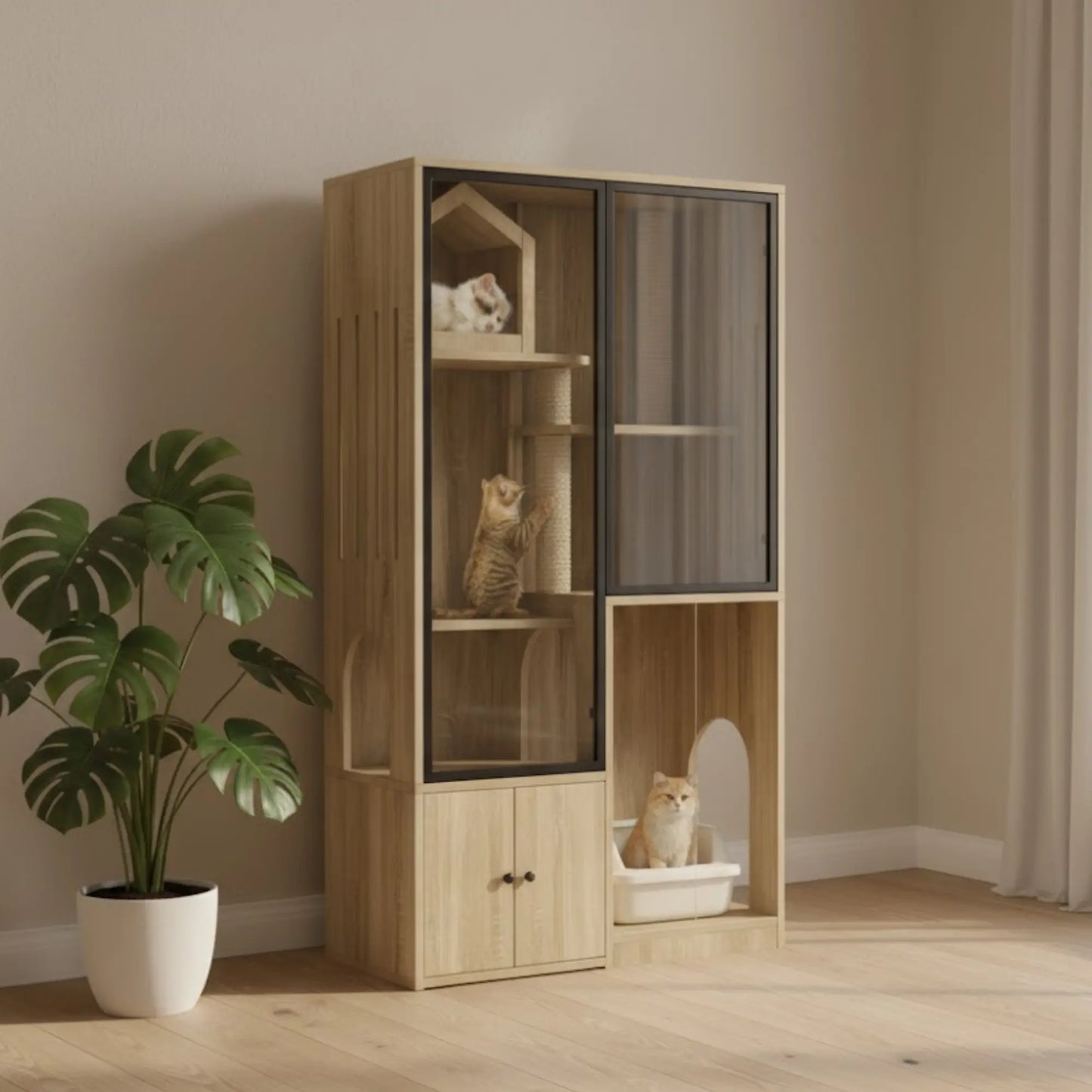 Armoire pour chat multifonction – Aire de jeu, griffoir et maison de toilette intégrée