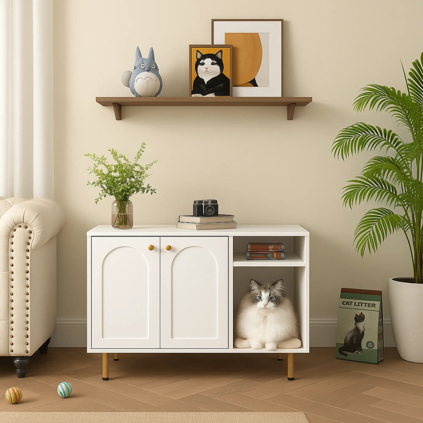 Meuble cache-litière pour chat – Armoire design blanche avec espace ouvert