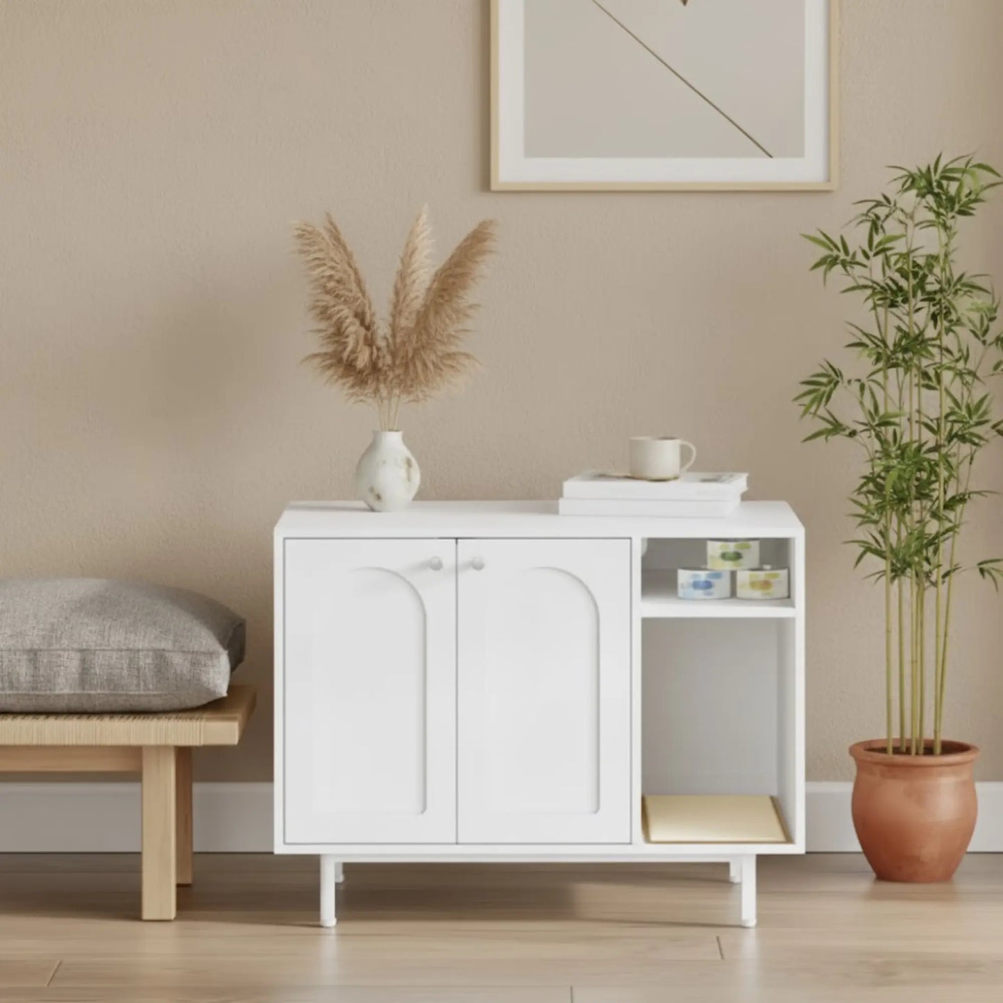 Meuble cache-litière pour chat – Armoire design blanche avec espace ouvert