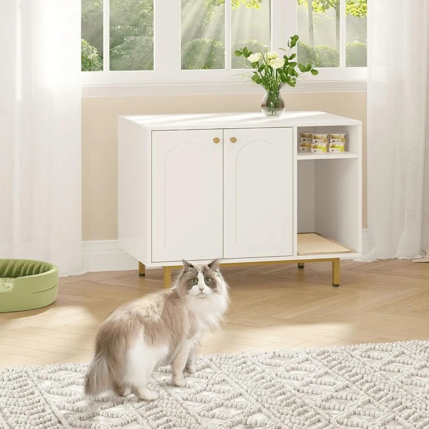 Meuble cache-litière pour chat – Armoire design blanche avec espace ouvert
