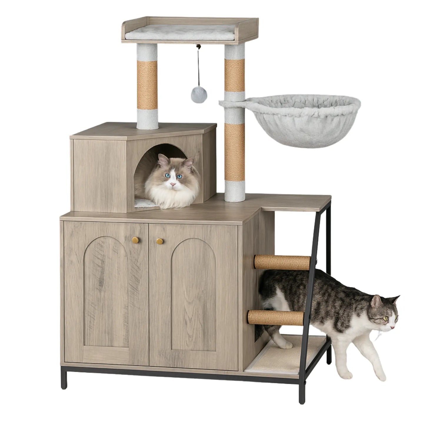 Arbre à chat multifonction 3-en-1 – Armoire, griffoir et aire de jeu avec hamac intégré