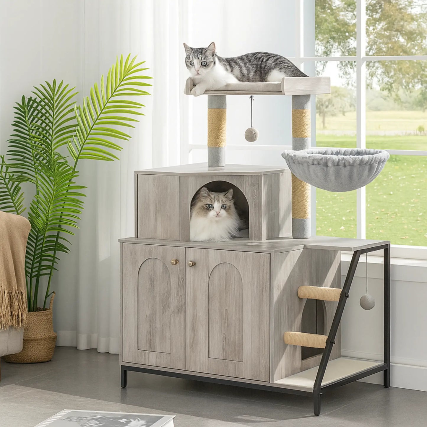 Arbre à chat multifonction 3-en-1 – Armoire, griffoir et aire de jeu avec hamac intégré