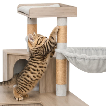 Arbre à chat multifonction 3-en-1 – Armoire, griffoir et aire de jeu avec hamac intégré