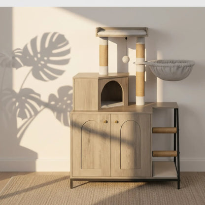 Arbre à chat multifonction 3-en-1 – Armoire, griffoir et aire de jeu avec hamac intégré
