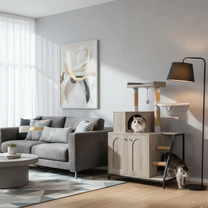 Arbre à chat multifonction 3-en-1 – Armoire, griffoir et aire de jeu avec hamac intégré
