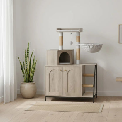 Arbre à chat multifonction 3-en-1 – Armoire, griffoir et aire de jeu avec hamac intégré