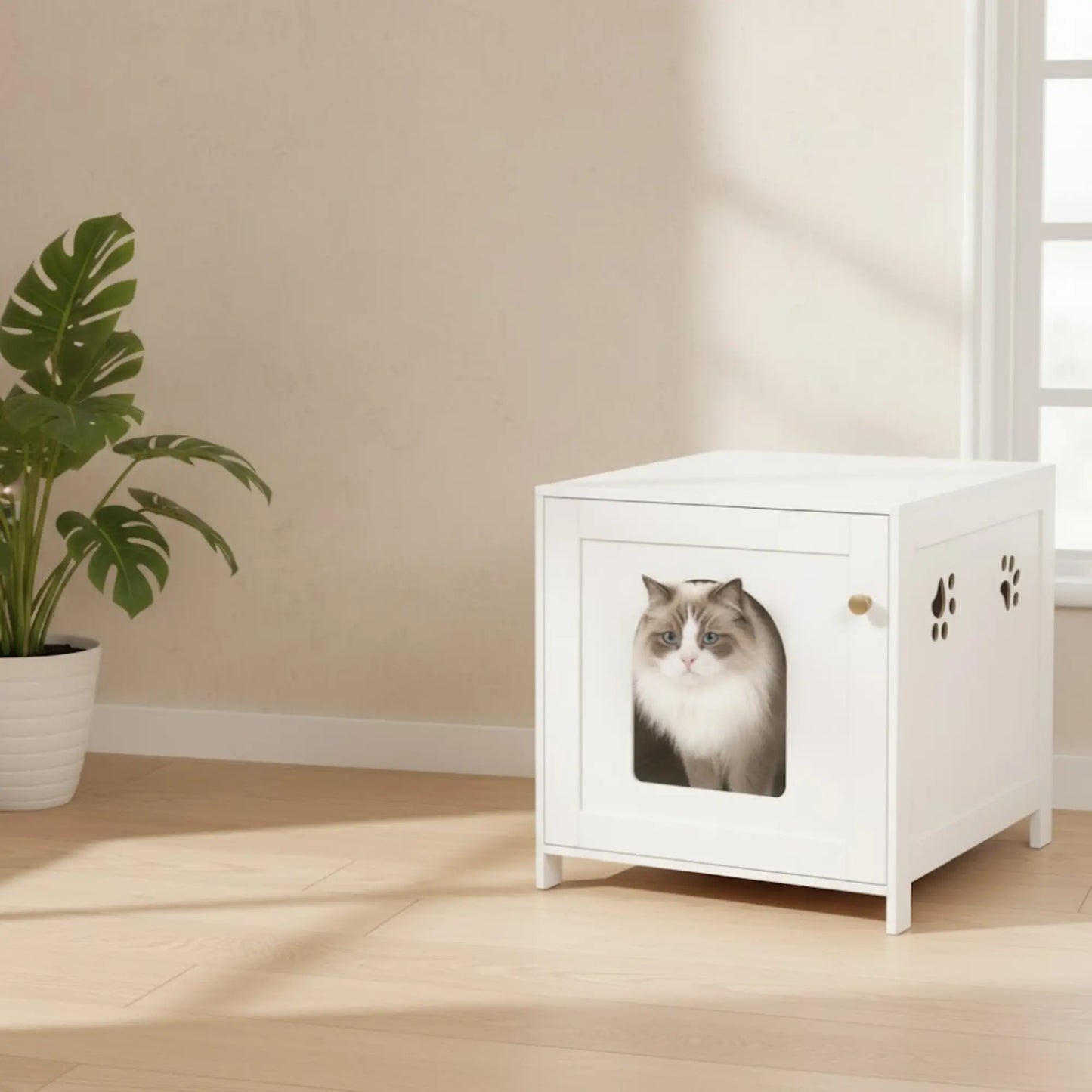 Meuble cache-litière pour chat – Table d’appoint blanche design & pratique