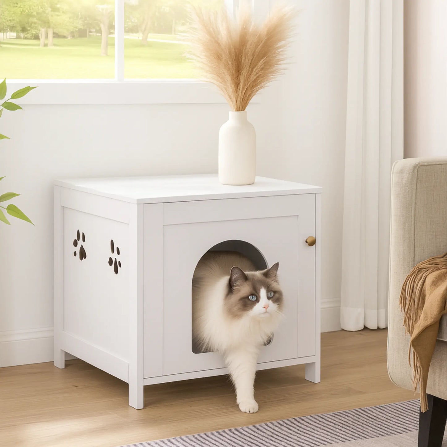 Meuble cache-litière pour chat – Table d’appoint blanche design & pratique