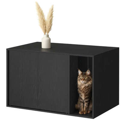 Cache-litière pour chat – Meuble moderne noir avec entrée latérale et double porte