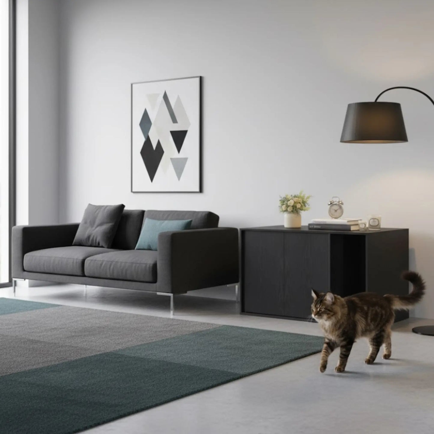 Cache-litière pour chat – Meuble moderne noir avec entrée latérale et double porte