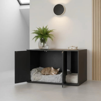 Cache-litière pour chat – Meuble moderne noir avec entrée latérale et double porte