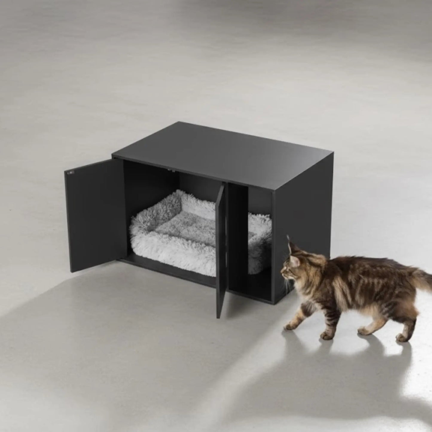 Cache-litière pour chat – Meuble moderne noir avec entrée latérale et double porte