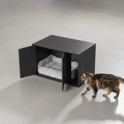 Cache-litière pour chat – Meuble moderne noir avec entrée latérale et double porte