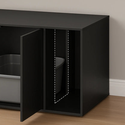Cache-litière pour chat – Meuble moderne noir avec entrée latérale et double porte