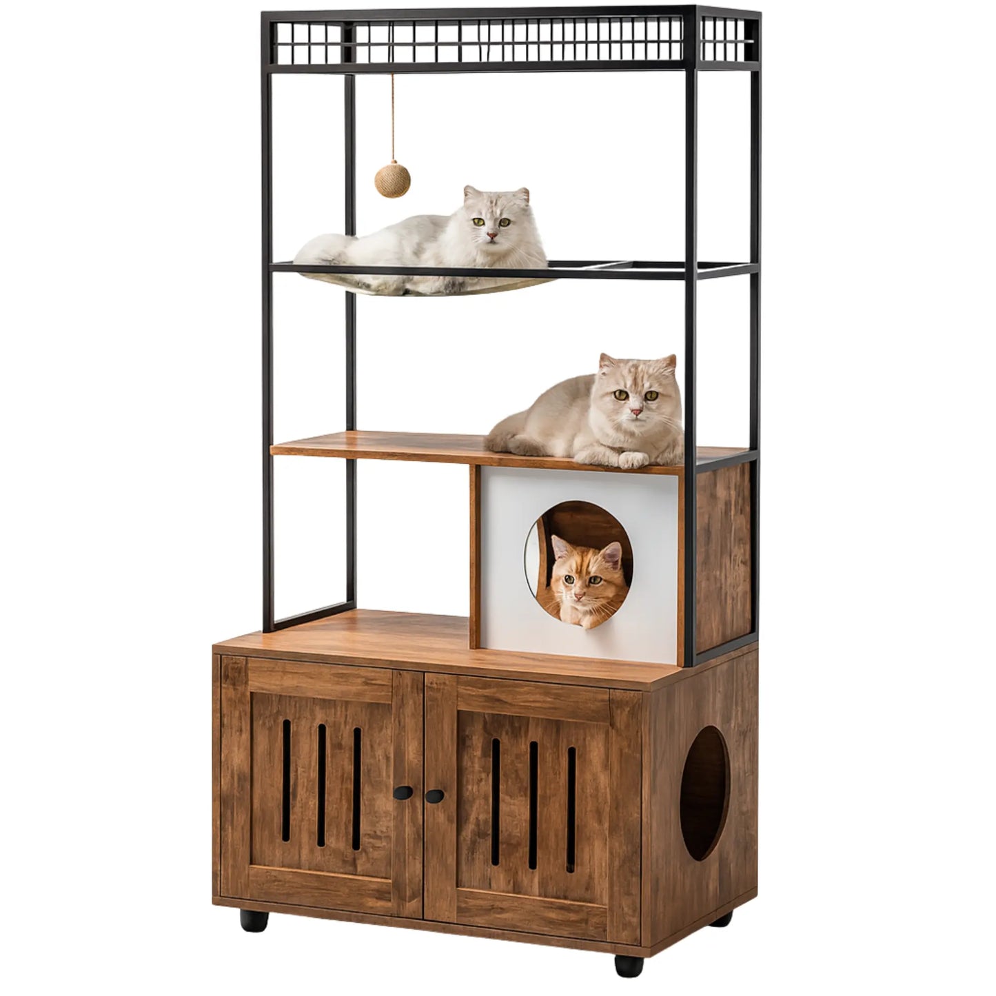 Meuble 2-en-1 chat – Arbre à chat avec cache-litière bois & métal design