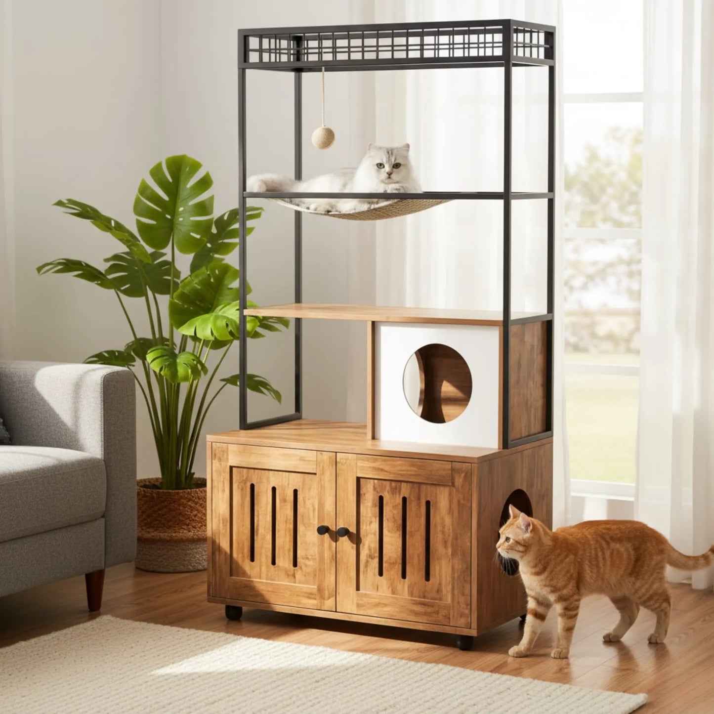 Meuble 2-en-1 chat – Arbre à chat avec cache-litière bois & métal design