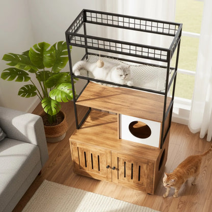 Meuble 2-en-1 chat – Arbre à chat avec cache-litière bois & métal design