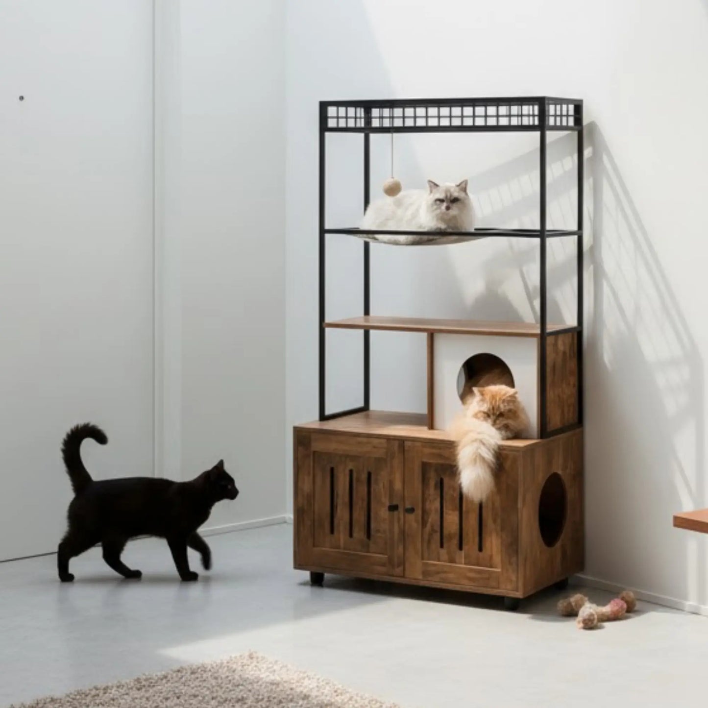 Meuble 2-en-1 chat – Arbre à chat avec cache-litière bois & métal design
