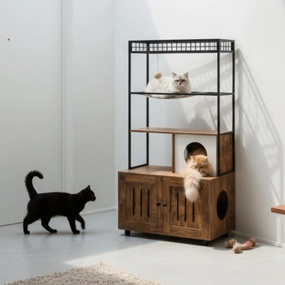 Meuble 2-en-1 chat – Arbre à chat avec cache-litière bois & métal design