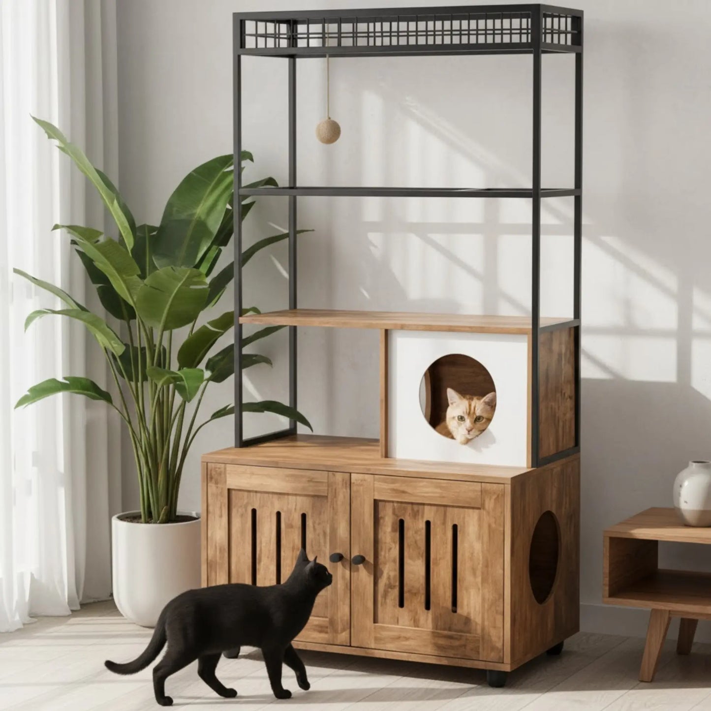 Meuble 2-en-1 chat – Arbre à chat avec cache-litière bois & métal design